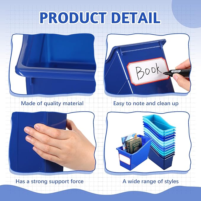 Teling 12 Pcs Book Bins Bulk - Plastic Book Storage Bin with Labels for Classroom Interlocking Magazine Holder Organizer Binder Container Box for School Office Desktop Bookshelf Home (Ocean Blue)