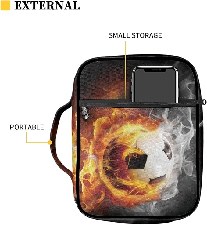 Coldinair Fire Flame Soccer Print Bible Cover Holders for Men Teens Kids Boys,Carrying Book Case Church Bag Bible Bags with Handle and Zippered Pocket