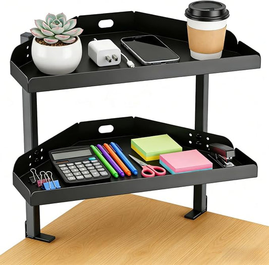 CanKing Desk Clamp Corner Shelf 16 Inch Metal Organizer 2 Tier Adjustable Storage Rack Fits on or Under Table for Desktop Accessories Tray