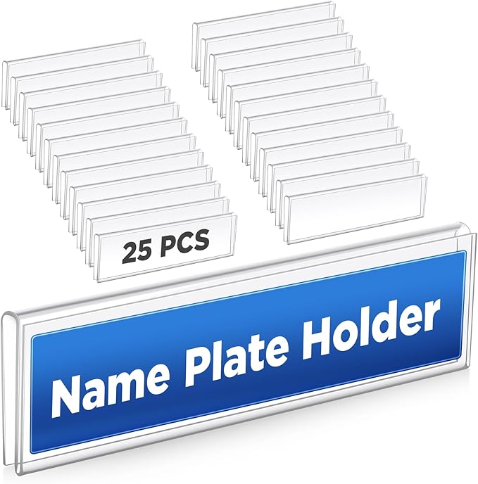 Wonderjune 25 Pack Plastic Cubicle Name Plate Holder 8.5" Wide x 2" High Glass Wall Name Plate Holder Clear Acrylic Sign Display Stand for Home Office Business (Suitable for 1/4" Cubicle Wall)