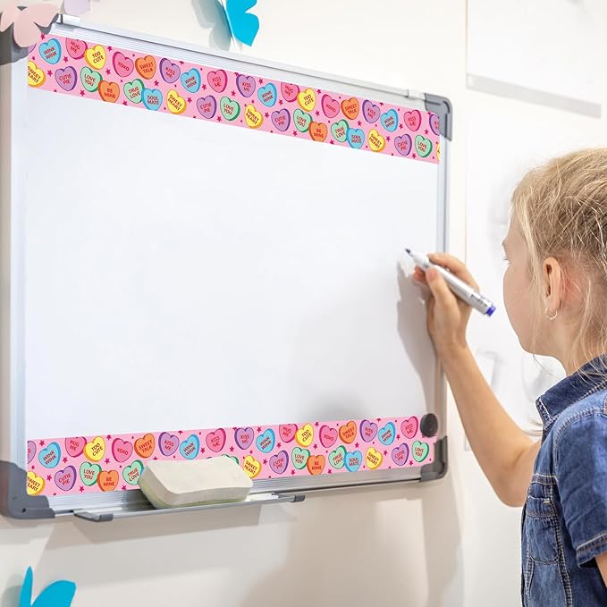 JarThenaAMCS 66Ft Valentine's Day Bulletin Board Border Conversation Heart Border Trim Self Adhesive Colorful Heart Bulletin Board Stickers for School Classroom Chalkboard Wall Party Decor