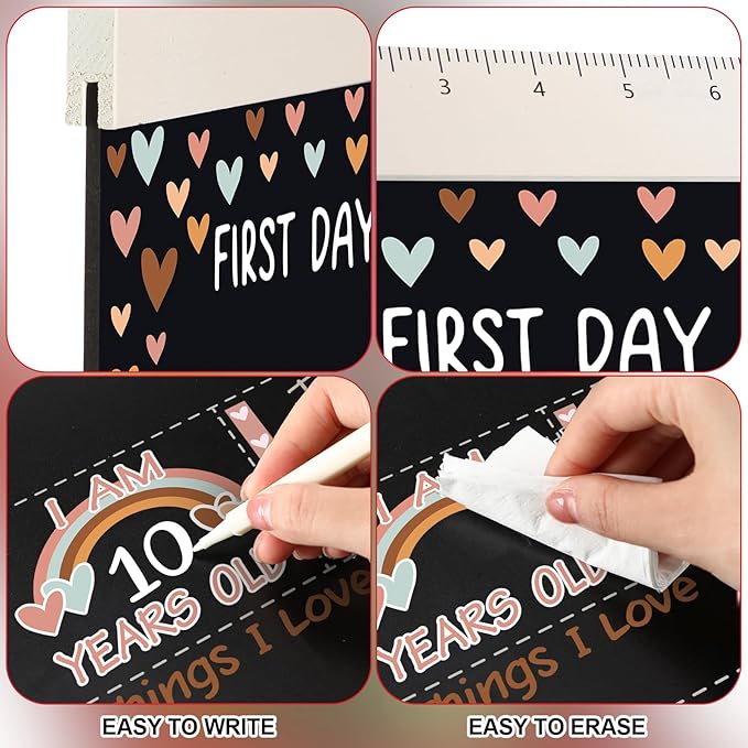 First and Last Day of School Chalkboard Sign 13.8 x 10 Inch Reusable Double Sided First Day of School Sign for Graduation Kids Preschool Kindergarten(Rainbow Hearts Style)