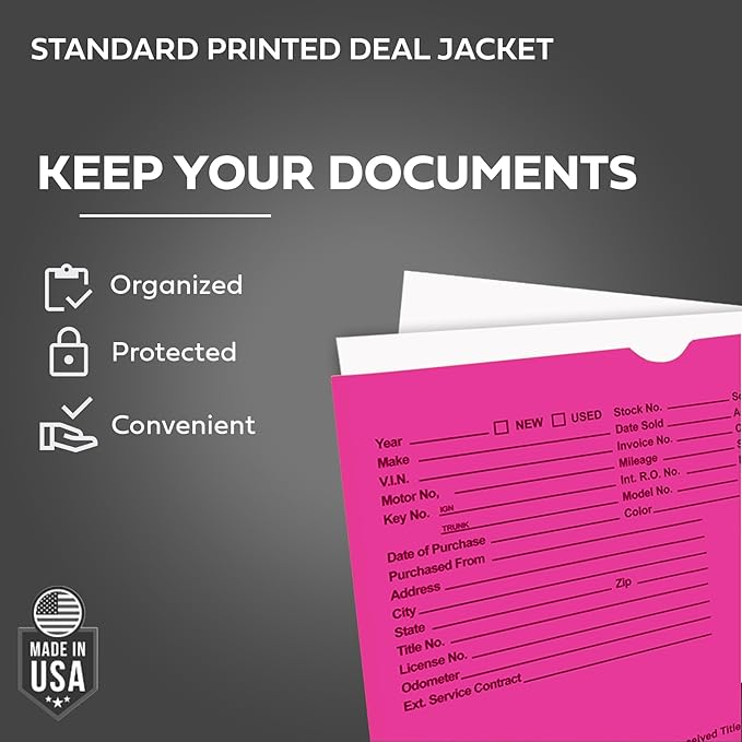 Printed Vehicle Deal Envelopes 9x12 Deal Jackets (100 shrink wrapped) (Fuchsia)