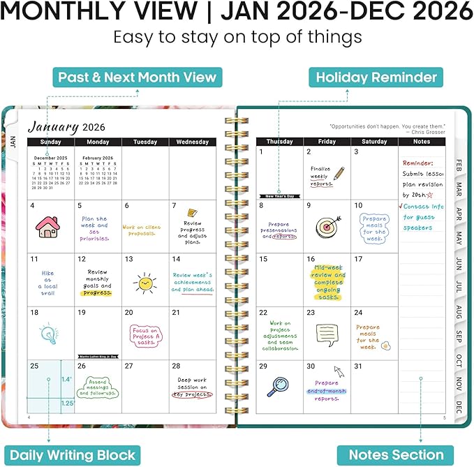 2026 Planner, Weekly and Monthly Calendar Planner Book, January 2026 - December 2026, Hardcover Spiral Planner with Monthly Tabs, Notes Pages, Perfect for Women & Men, A5 (6.4" x 8.5") - Oil
