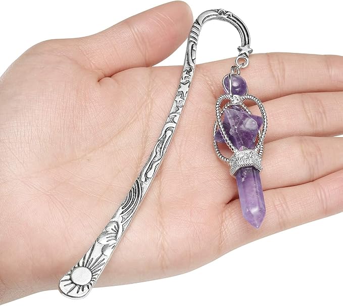 Jovivi Anqitue Silver Metal Bookmark Beading Bookmarks with Amethsyt Crystal Quartz Merkaba Hexagonal Pointed Bead