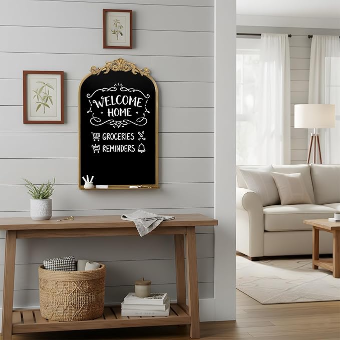 Vintage Magnetic Arch Chalkboard with Shelf - 19"x31" Decorative Wall Mounted Ornate Gold Framed Blackboard with Chalk, Clips & Cloth - Elegant Wedding Sign & Kitchen Menu Home Decor