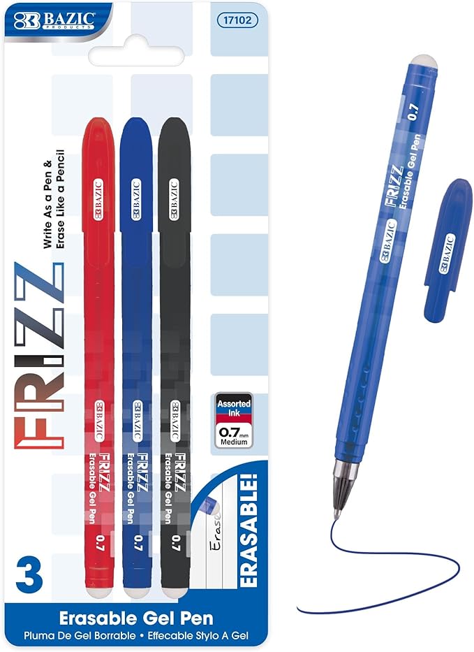 BAZIC PRODUCTS Frizz Erasable Gel Pens, 0.7mm Medium Point, Assorted Colors Ink, Smooth Writing & Drawing Planner, 12-Pack