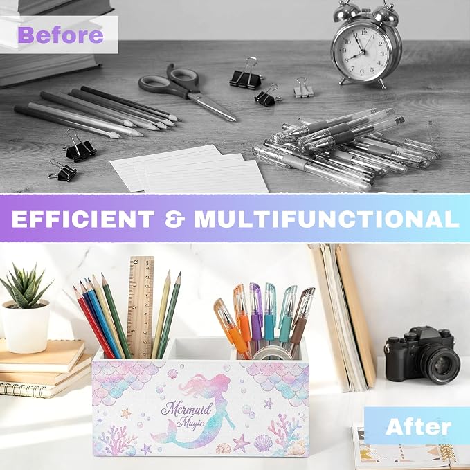 Mermaid Pen Pencil Holder for Office Desk Mermaid Office Decor Gift for Girls Wooden Pink Ocean Organizer Desktop Decor Coastal Makeup Brush Toothbrush Holder for Bathroom Desk Accessories