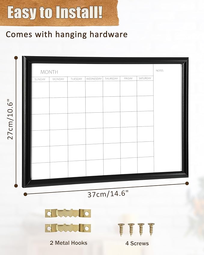 TORASO Dry Erase White Board & Monthly Calendar Board, Magnetic Whiteboard for Wall, Office/School/Home, Hanging Board for Decoration/Kitchen/Memo, Black Wood Frame, 10.5"x 14.5"(YL-BK-2737-A)