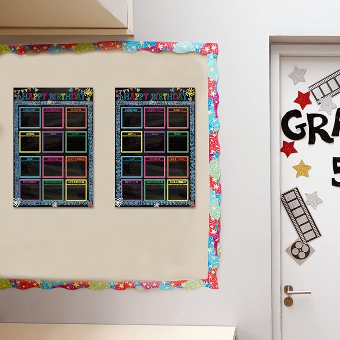 Wiooffen Happy Birthday Chart for Classroom, 2Pcs Chalkboard Birthday Poster Decoration 17" x 12" Chalkboard Birthday Cake Calendar Cutouts for School Bulletin Board, Chalkboards, Wall Decor