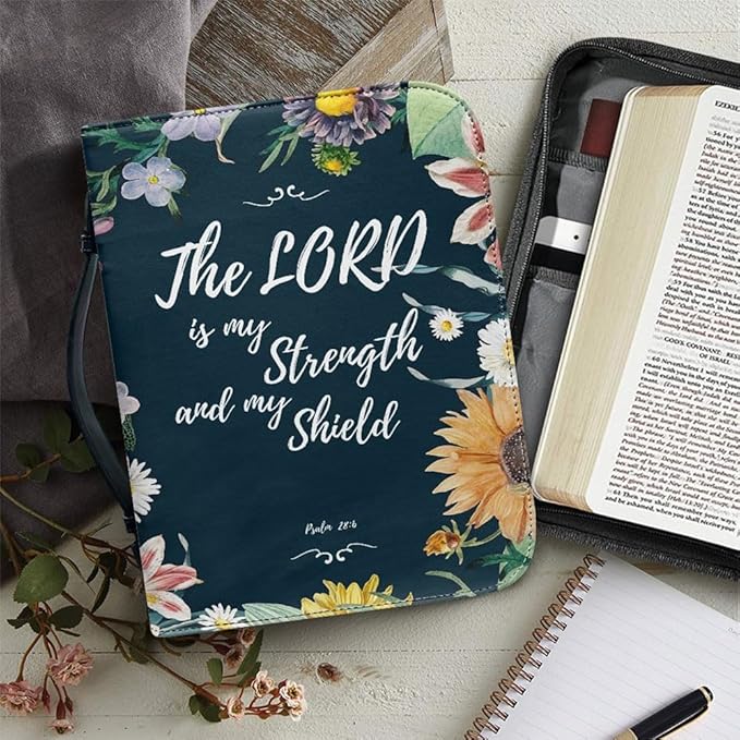 Bible Case with Handle and Zipper, Premium PU Leather Waterproof Bible Cover 11.2 x 8 x 2.2 Inches, Book Case for Standard Size Bibles with Pen Storage, Bible Accessories Gifts (Floral)