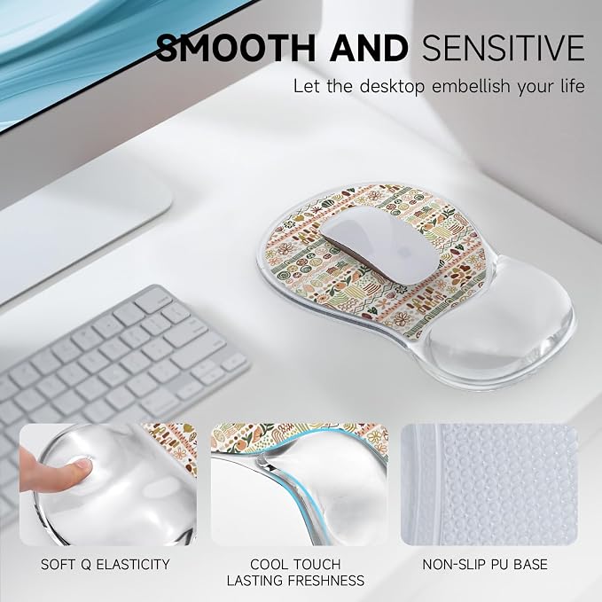 AUPET Ergonomic Mouse Pad with Gel Wrist Support – Non-Slip Mouse Mat with Comfortable Memory Gel Cushion – Relieves Wrist Pain – Designer Pattern for Home Office & Gaming (Geo-Floral Stripe)