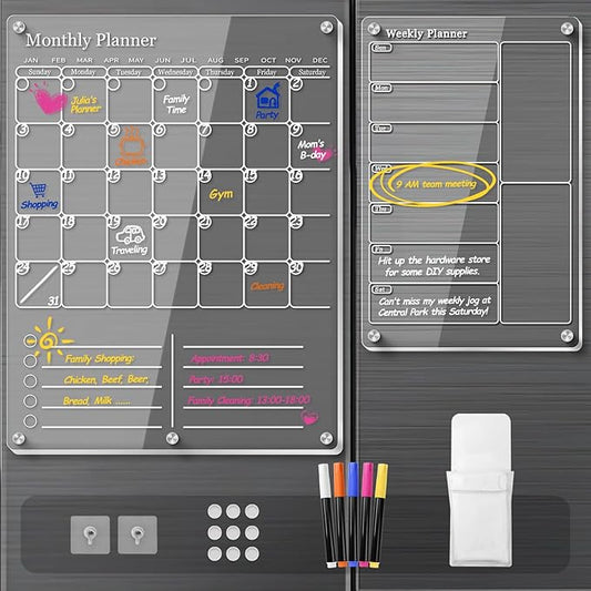 Acrylic Magnetic Calendar for Refrigerator, Clear Dry Erase Board Fridge Calendar for Wall, Monthly Calendar to Do List Board, Calendar WhiteBoard, Kitchen Menu Board Meal Planner (2 Pack, White)
