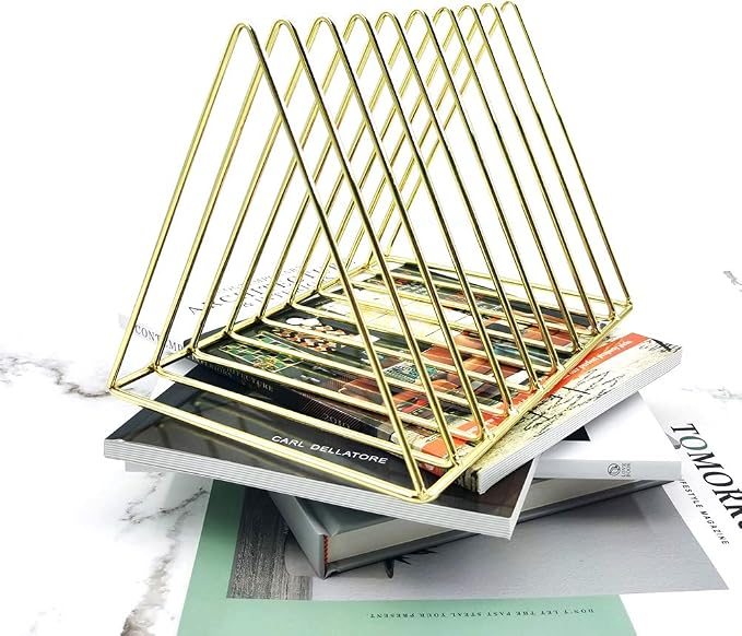 EASEPRES 9 Slot Magazine Rack Book Record Holder, Desktop Iron Storage Rack Bookshelf Multifunction Triangle File Organizer Sorter for Decor Home Office, Golden Pack of 2