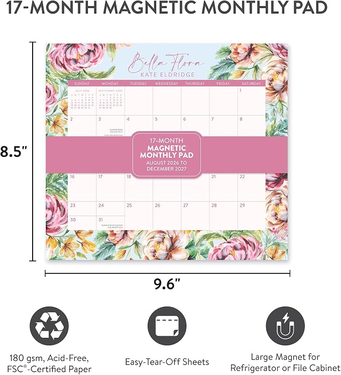 Orange Circle Studio 2027 Bella Flora Magnetic Monthly Calendar Pad, 17-Month Floral Calendar for Office Desk & Refrigerator, Wall Planner, 9.6" x 8.5", Tear-Off Pages, Thick Matte Paper Family Organizer