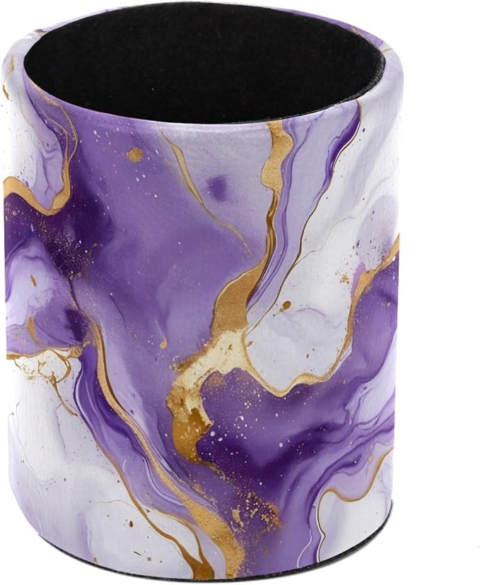 White and Purple Marble Art Leather Pen Holder for Desk, Multifunctional Desktop Organizer Pencil Cup, Desktop Caddy Stationery Organizer for School Home Office Desk Accessories