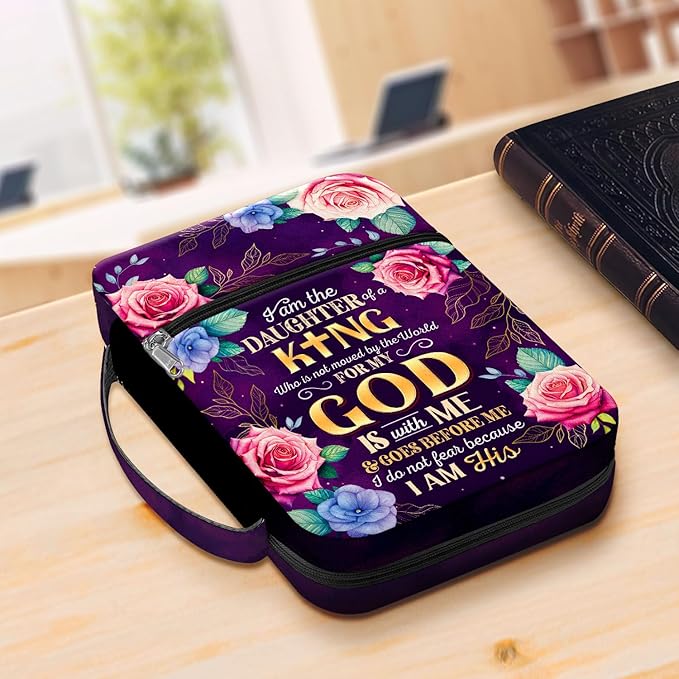 Daughter of the King Bible Cover for Women, Inspirational Scripture Floral Bible Bag with Handle and Zipper Pocket, Fits Standard Size Bible, Christian Gift for Girls, Church or Bible