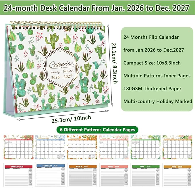 Desktop Calendar 2026-2027 (2 Years) 24 Months Flip Calendar Small Standing Office Desk, 10 x 8.3 inch Standing Desk Calendars (Jan.2026-Dec.2027) With Monthly Planner