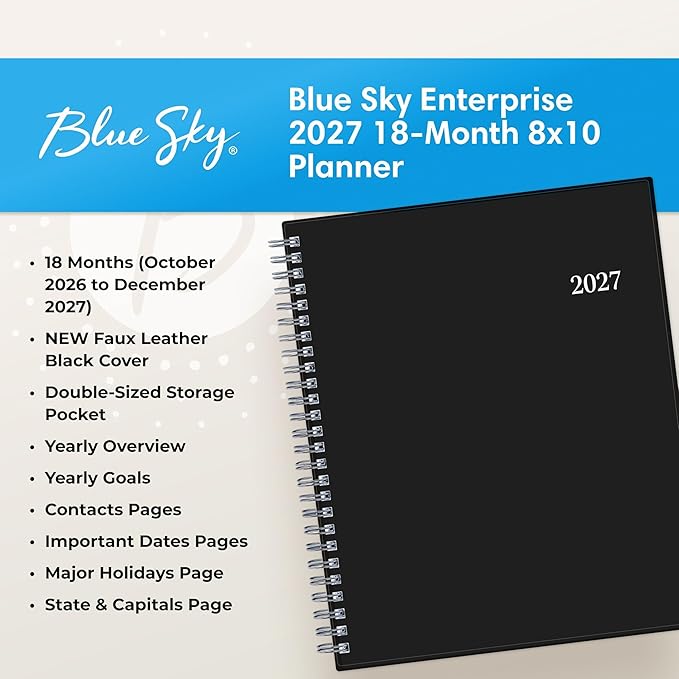 Blue Sky 2027 18 Month Monthly Planner Calendar, July 2026 - December 2027, 8" x 10", Monthly Layout, Flexible Cover, Silver Wirebound, Laminated Tabs, Enterprise