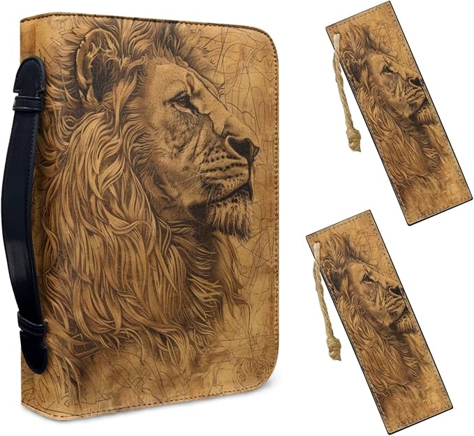 Lotusorchid Lion Print Church Bible Cover - PU Leather Protective Tote Bag with 2 Bookmarks, Brown, Size M