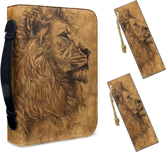 Lotusorchid Lion Print Church Bible Cover - PU Leather Protective Tote Bag with 2 Bookmarks, Brown, Size L