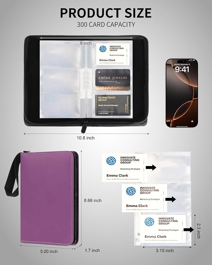 Leather Business Card Book Holder Organizer, Professional Name Card Book Holder with 300 Card Capacity, Portable PU Credit Card Wallet File Sleeve Storage for Men Women,50 Pack Sleeves (Dark Purple)