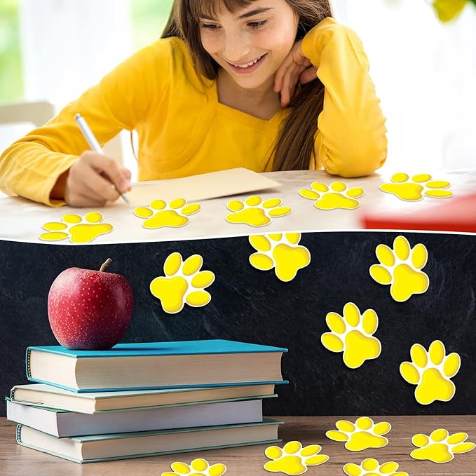 Junkin 60 Pcs Mini Paw Prints Cutouts Accents Bulletin Board Patrol Table Decorations Wall Decal Poster for Kids Educational School Home Party Supplies(Yellow)