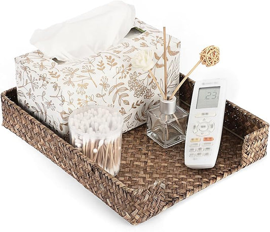 BTSKY Multipurpose A4 File Tray Natural Seagrass Desk Tray Organizer Woven Letter Size Desk Documents Trays Magazine Files Storage Basket Organizer Bin for Office Cosmetics Bathroom, Coffee