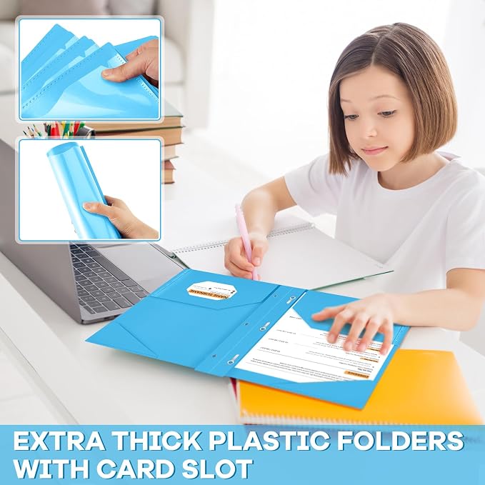 Henoyso 36 Pcs Plastic Folder with Clear Front Pocket and 3 Prong Plastic Folders with Card Slot Pocket Folders with Prongs for School Office (Lake Blue)
