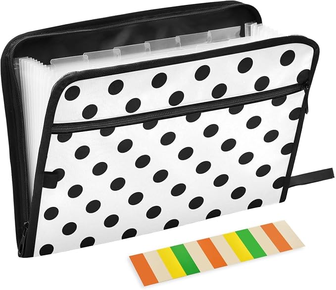 ALAZA Polka Dot Black on White 13 Pocket Expanding File Folder with Labels, Accordion File Folder File Organizer Letter A4 Paper for Office School Student