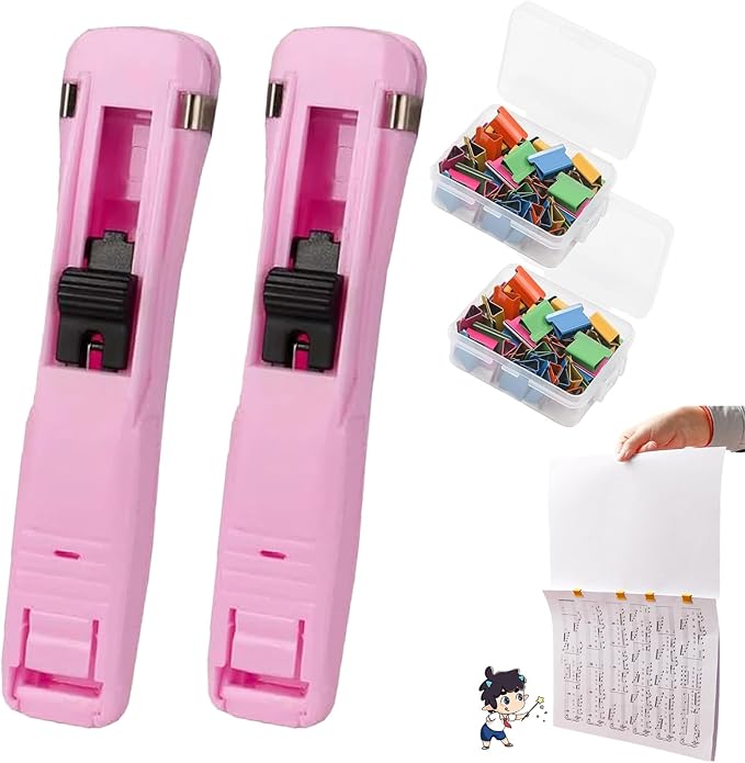 2pake Portable Binder Clip Stapler, Includes 100 Reusable Clips, Handheld Paper Clam Clip Dispenser for Home, School, Desk Office (Pink)