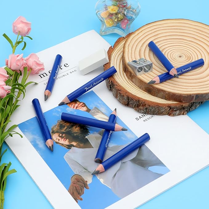 Suitable for 2-6 years old short triangle grip thick pencil 8 3.5-inch preschool children handwritten drawing mini wooden pencils (Dark blue, 5mm thick core)