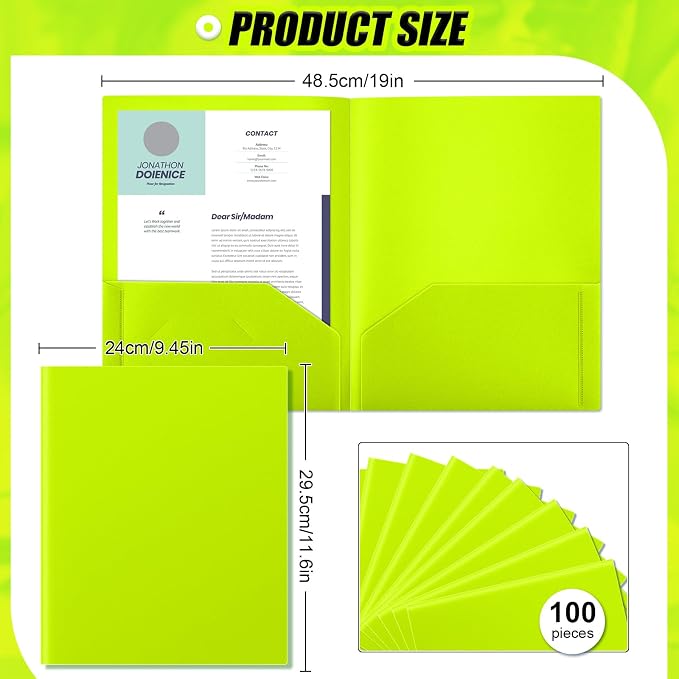 Gueevin 100 Pack Plastic Folder with Pockets, 2 Pocket Folders, Plastic Glossy Folders Fit Letter Size Paper, Heavy Duty Durable File Folder with Business Card for Home Office School (Lime Green)
