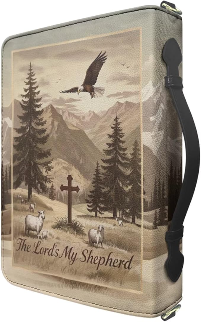 Medium PU Leather Bible Covers for Boys, Kids Bible Case with Strap and Handle, Crucifix Psalm 23:1 Print Book Protecto with Inner Pockets and Pen Loop, Biblia Study Supplies, Sepia