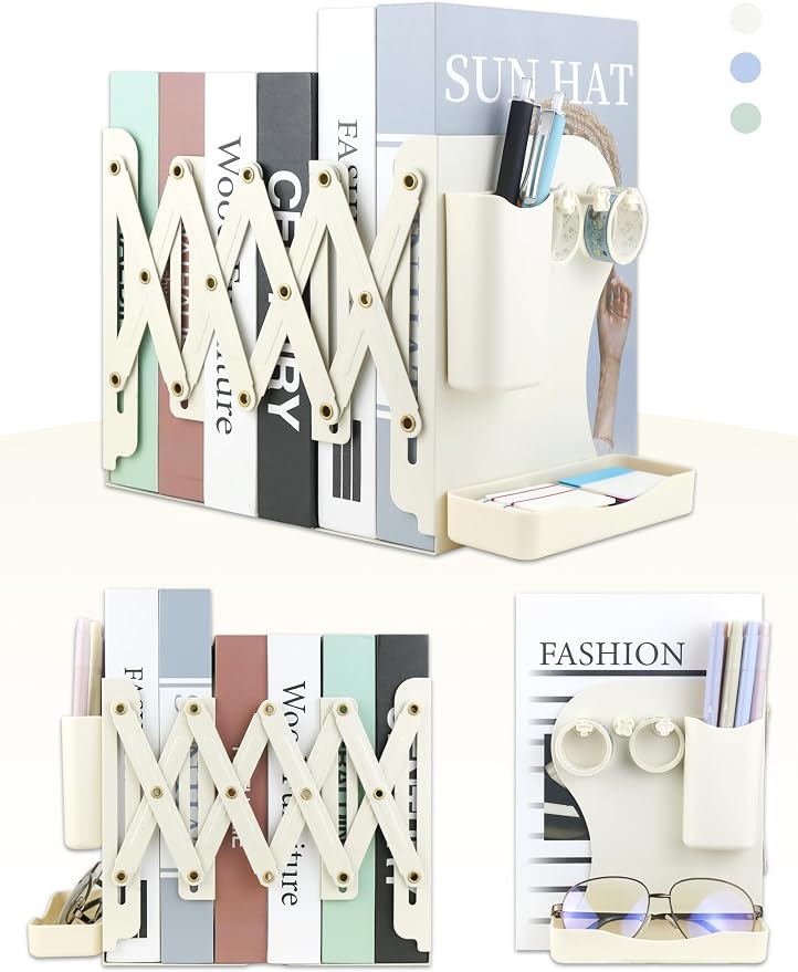 Heavy Duty Bookends Adjustable Book End, Desk Book Holder for Shelves, Book Organizer for Desk, Suitable for Office Home School (19.69 inches Max) (White)