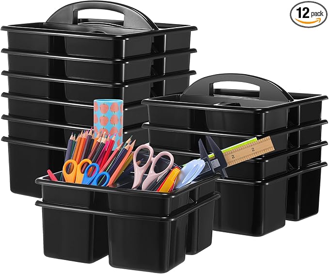 Threehoney 12 Pack Classroom Caddy Storage Basket with Handle 3 Compartment Plastic Storage Caddy Bulk for Arts Office Crafts Pencil Crayon Marker School Supplies(Black)