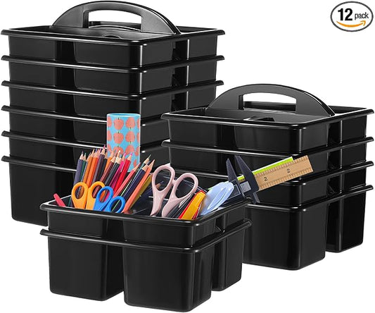 Threehoney 12 Pack Classroom Caddy Storage Basket with Handle 3 Compartment Plastic Storage Caddy Bulk for Arts Office Crafts Pencil Crayon Marker School Supplies(Black)