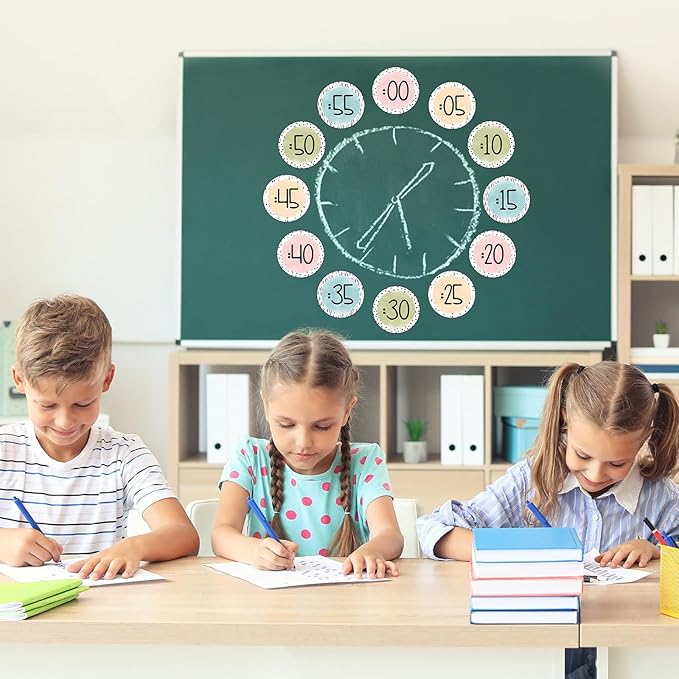 FYSUIMU 16 Pcs Telling Time Bulletin Board Decorations Back to School Boho Colored Clock Numbers Labels Classroom Decor with Glue Points Teaching Clock for Kids First Day of School Teacher Supplies