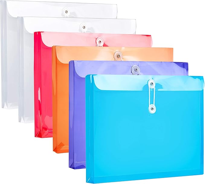 FANWU Plastic Letter Size Envelopes with Button & String Tie Closure, 1-1/6" Expansion, Side Load, Clear Poly Reusable File Folders Project Paper Documents Organizer for Office School & Home