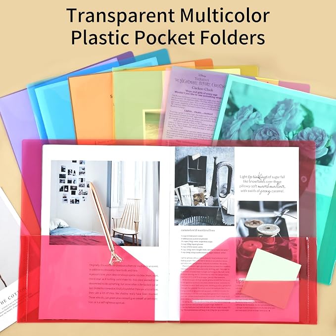 EOOUT Clear Folders with 2 Pockets, 24pcs Plastic Pocket Folders for Office Students and School, Letter Size, A4 Size, 8 Assorted Colors