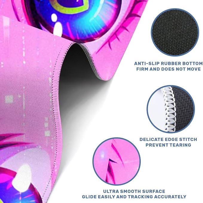 Anime Girl Desk Mat 35.4 x 15.7 Inches Kawaii Heart Eyes Neon Gaming Mouse Pad with Non-Slip Rubber Base, Smooth Cloth Surface Desk Keyboard Mat for Computer, PC, Laptop, Desktop