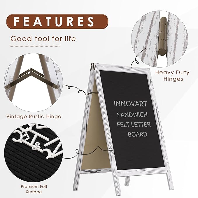 INNOVART A-Frame Sidewalk Sign 40”x26”, Sandwich Felt Letter Board w/Changeable Letters, Double-Sided Felt Letter Board, Free Standing Letter Board Easel for Restaurant, Business, Wedding, White