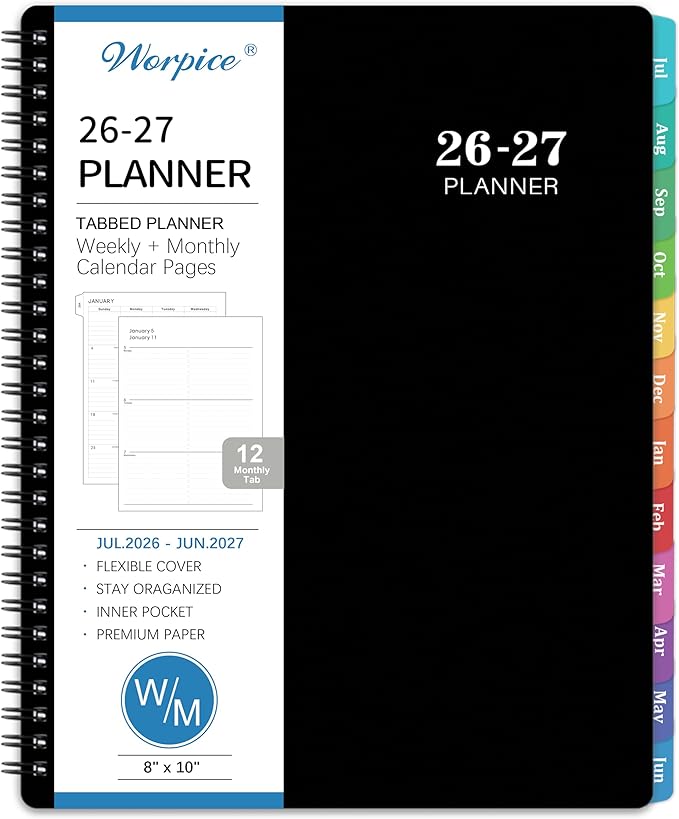 2026-2027 Planner - 8” × 10”, 2026-2027 Planner Weekly and Monthly, from JUL.2026 to JUN. 2027, Premium Paper, Twin-wire Binding, Check Box, Coated Monthly Tabs, for Productive Life