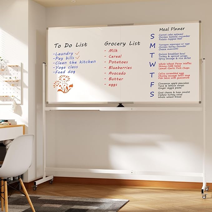 Large Rolling Whiteboard on Wheels, 72" x 36" Double-Sided Mobile White Board with Stand, 6' x 3' Portable Standing Magnetic Dry Erase Board Easel for Home Office Classroom School, Silver