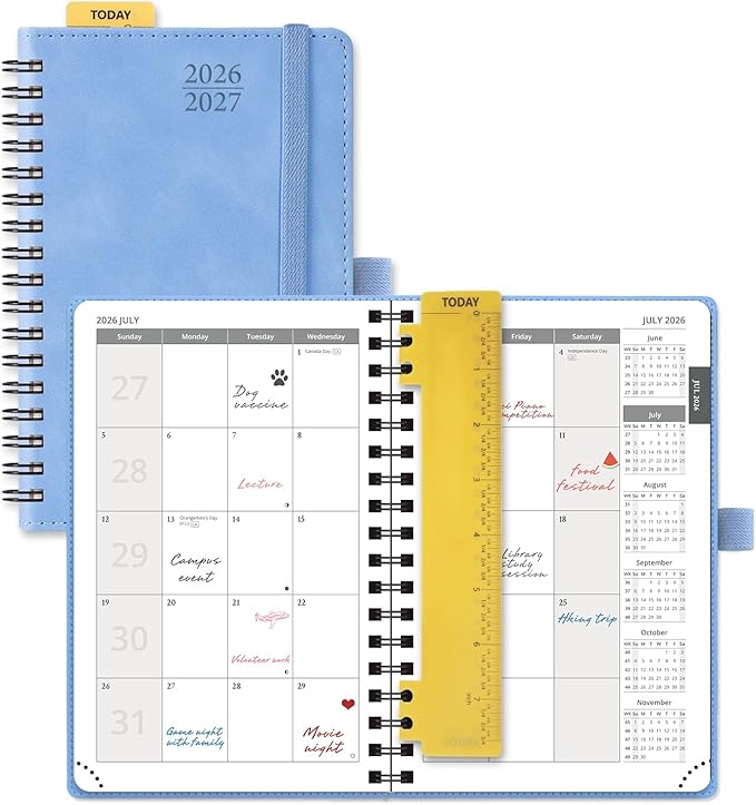 POPRUN 2026-2027 Monthly Planner, Small 4" x 6.25", 18 Month Calendar Agenda (July 2026 - December 2027) with Expense Tracker, Notes Pages, Sprial Bound, Leather Softcover - Cerulean Blue