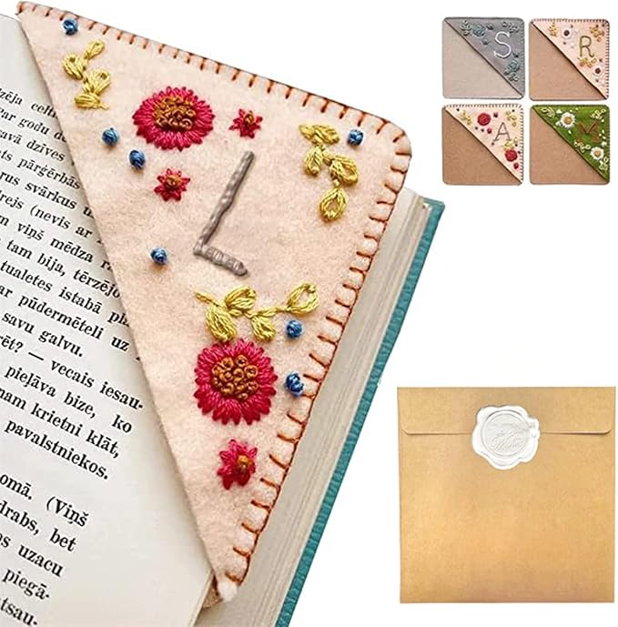 Personalized Hand Embroidered Corner Bookmark, 26 Letters Hand Stitched Felt Corner Letter Bookmark, Cute Flower Embroidery Bookmarks for Book Reading Lovers Meaningful Gift (Fall，L