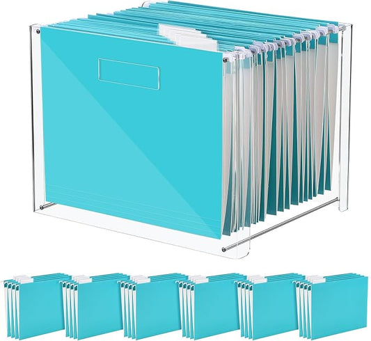 Dispowreath 24 Hanging File Folder with Acrylic Organizer for Letter/a4 Size Desktop Clear File Storage Box with Handles for Home Work Office Use(Blue,Classic)