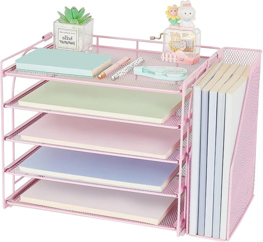 AUPSEN Pink Desk Organizers and Accessories, 5-Tier Desktop Paper File Organizer with Removable File Holder, Desk Accessories & Workspace Organization for Home Office Supplies (Pink)