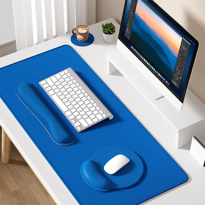 Dapesuom Large Gaming Mouse Pad, Mouse Pads with Wrist Rest Wrist Support, 4in1 XXL Desk Mat Desk Pad + Ergonomic Mousepad + Memory Foam Keyboard Mat Wrist Rest + Coaster Set for Computer, Dark Blue