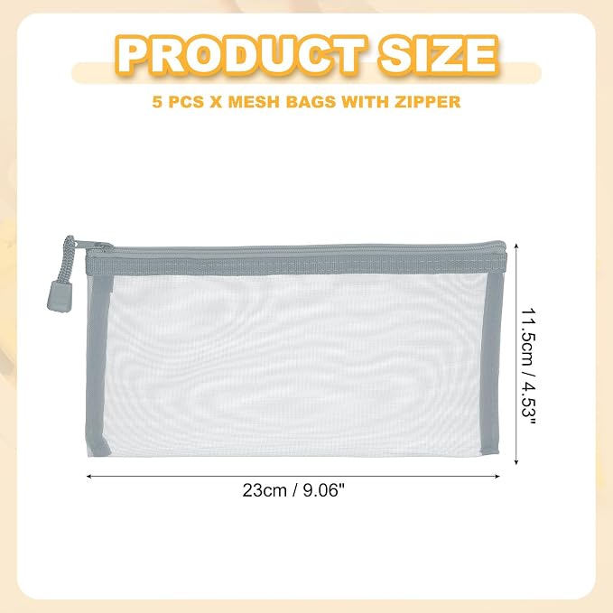 PATIKIL B6 Mesh Zipper Pouch Bags, 5 PCS Mesh Bags with Zipper Plastic Storage Pocket for Organizing File Beads Office Home Supplies, 11.5x23cm, Gray